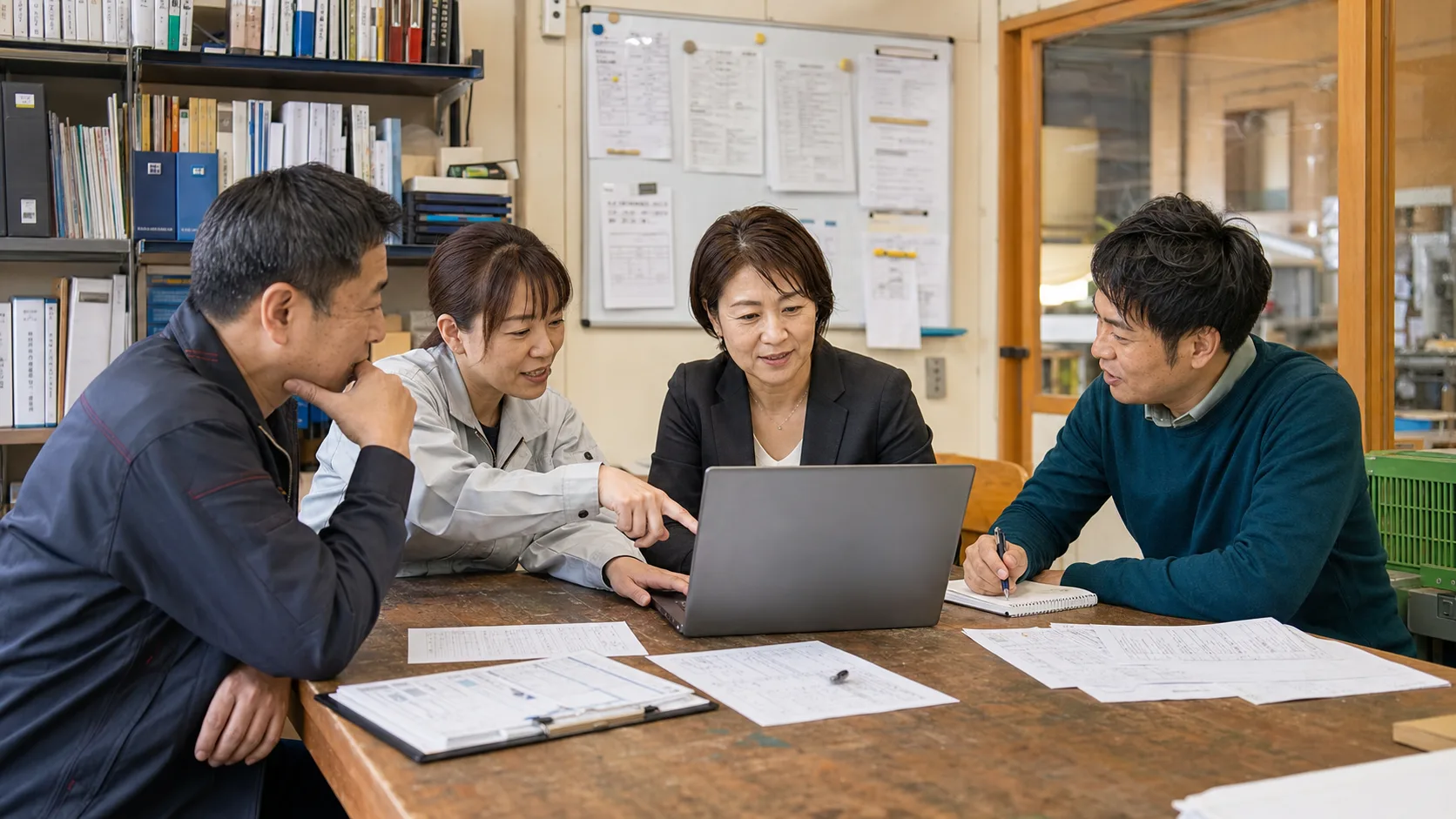 日本の中小企業の経営者、社員、技術パートナーが現場の資料とノートパソコンを囲んで話している様子